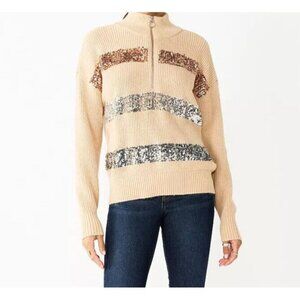 NINE WEST Womens Pullover Sweater 1/4 Zip Sequin Camel Size S